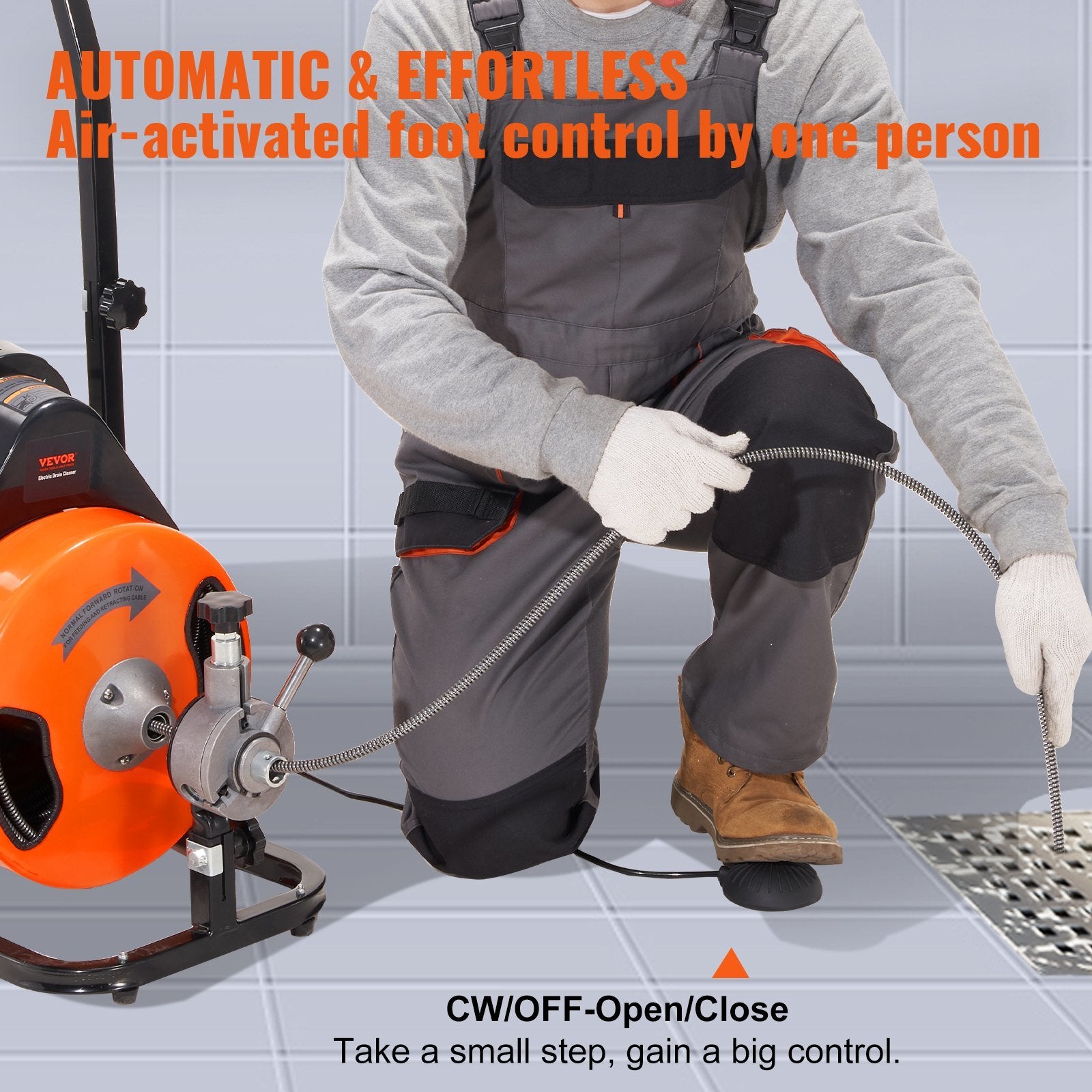 VEVOR Drain Cleaning Machine 100FT x 3/8 Inch, Sewer Snake Machine Auto Feed, Drain Auger Cleaner with 4 Cutter & Air-Activated Foot Switch for 1" to 