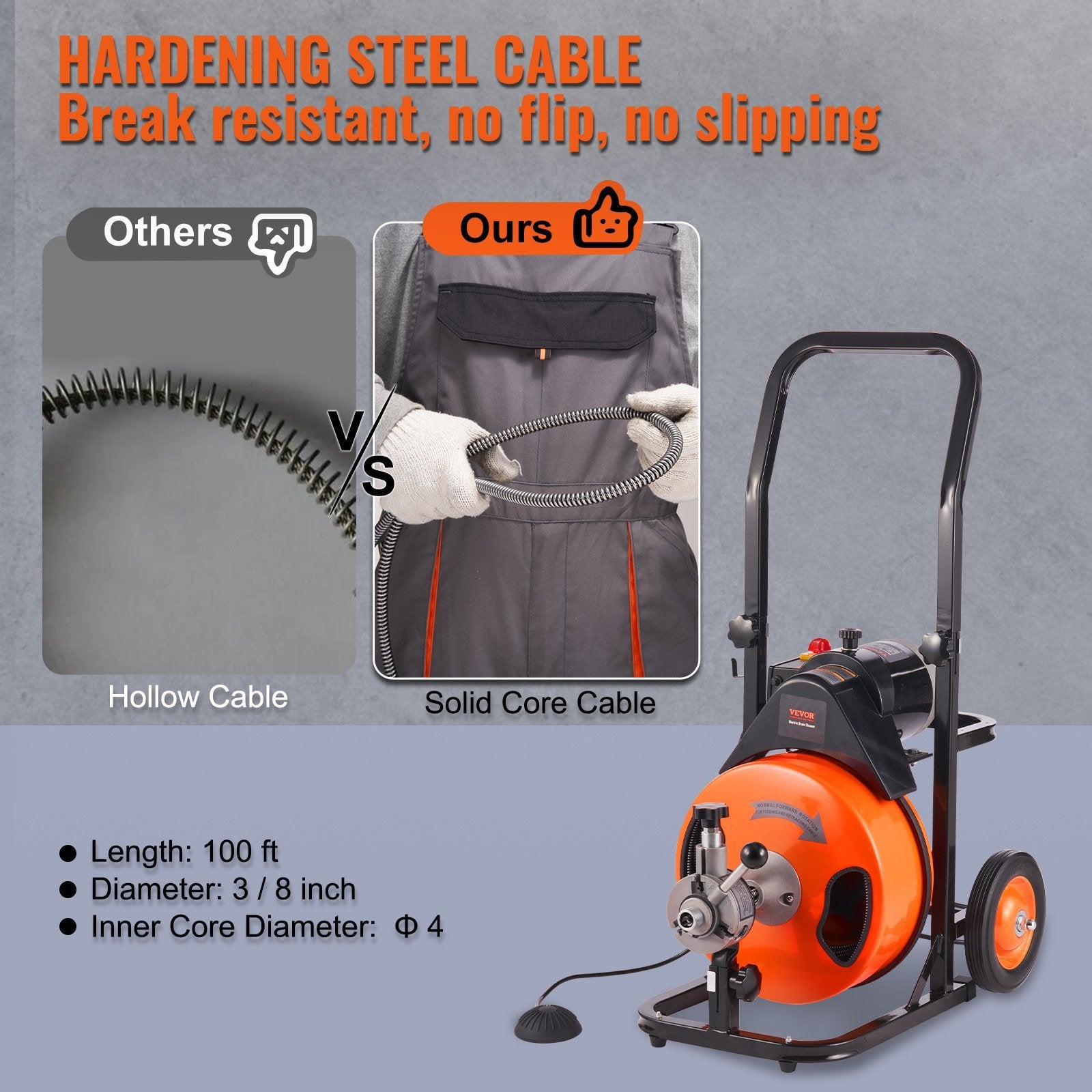 VEVOR Drain Cleaning Machine 100FT x 3/8 Inch, Sewer Snake Machine Auto Feed, Drain Auger Cleaner with 4 Cutter & Air-Activated Foot Switch for 1" to 