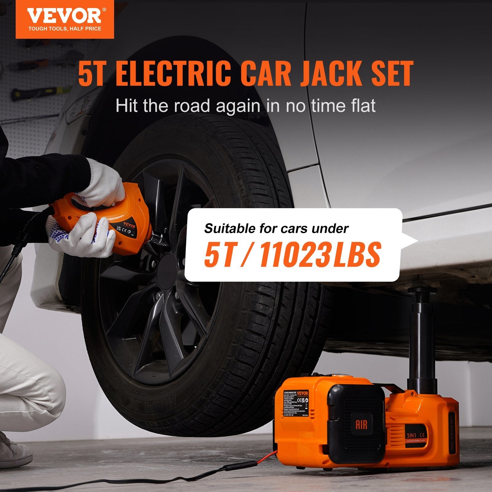 VEVOR Electric Car Jack, 5 Ton/11023 LBS Hydraulic Jack with Electric Impact Wrench, Portable Car Lift with Built-in Inflatable Pump, and LED Light fo