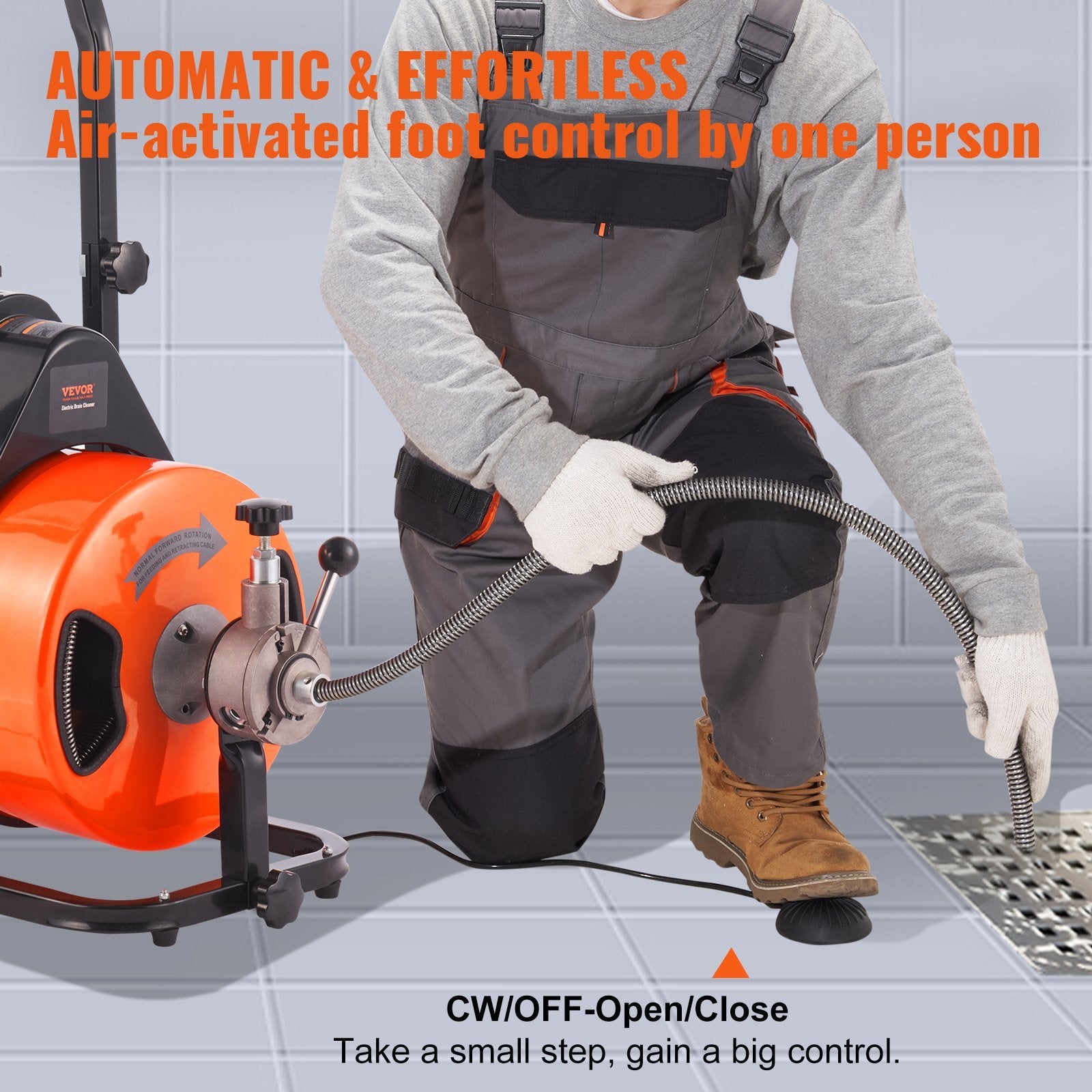 VEVOR Drain Cleaning Machine 75 FT x 1/2 Inch, Sewer Snake Machine Auto Feed, Drain Auger Cleaner with 4 Cutter & Air-Activated Foot Switch for 1" to 