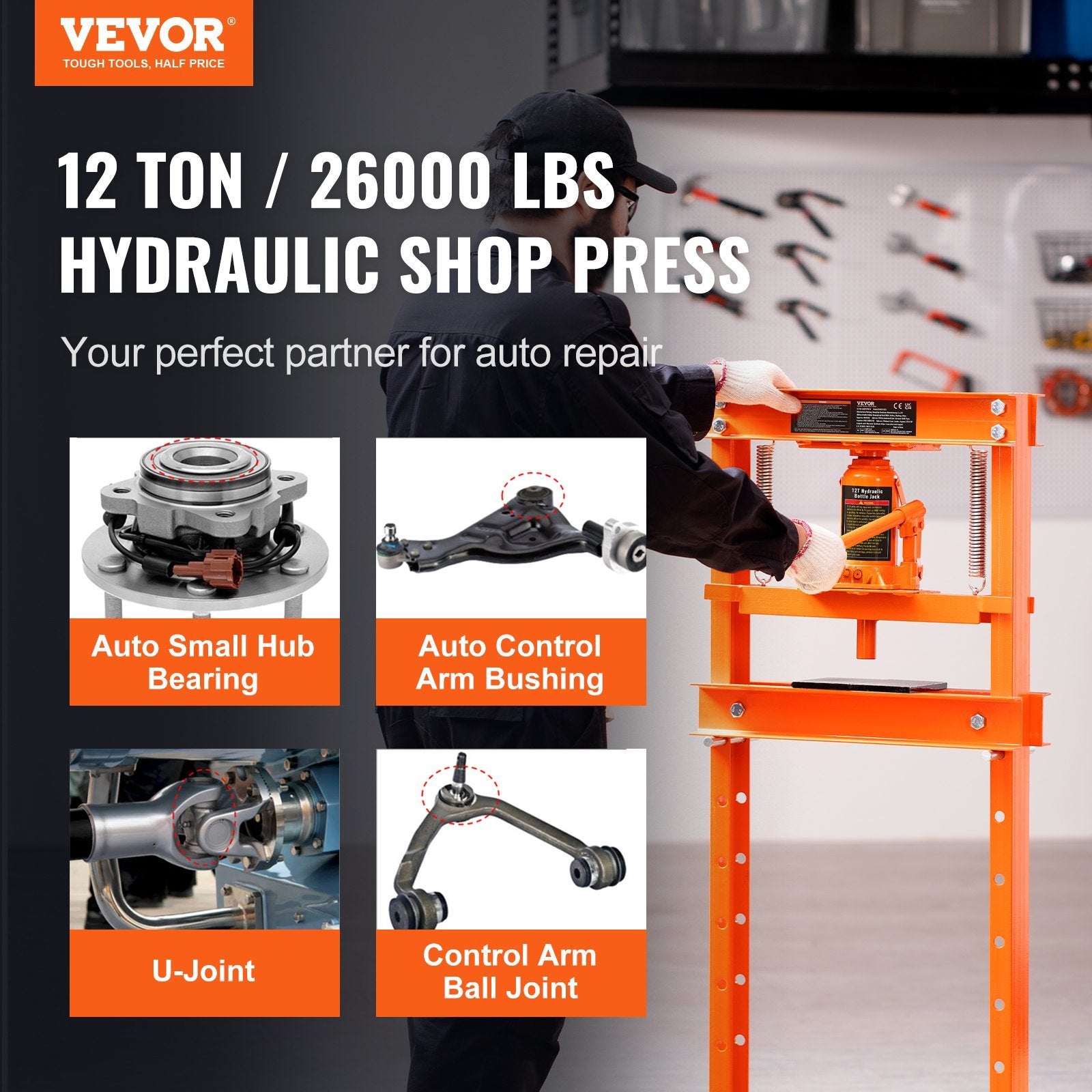 VEVOR Hydraulic Shop Press, 12 Ton H-Frame Hydraulic Garage/Shop Floor Press, Adjustable Shop Press with Press Plates, Heavy Duty Hydraulic Press for 