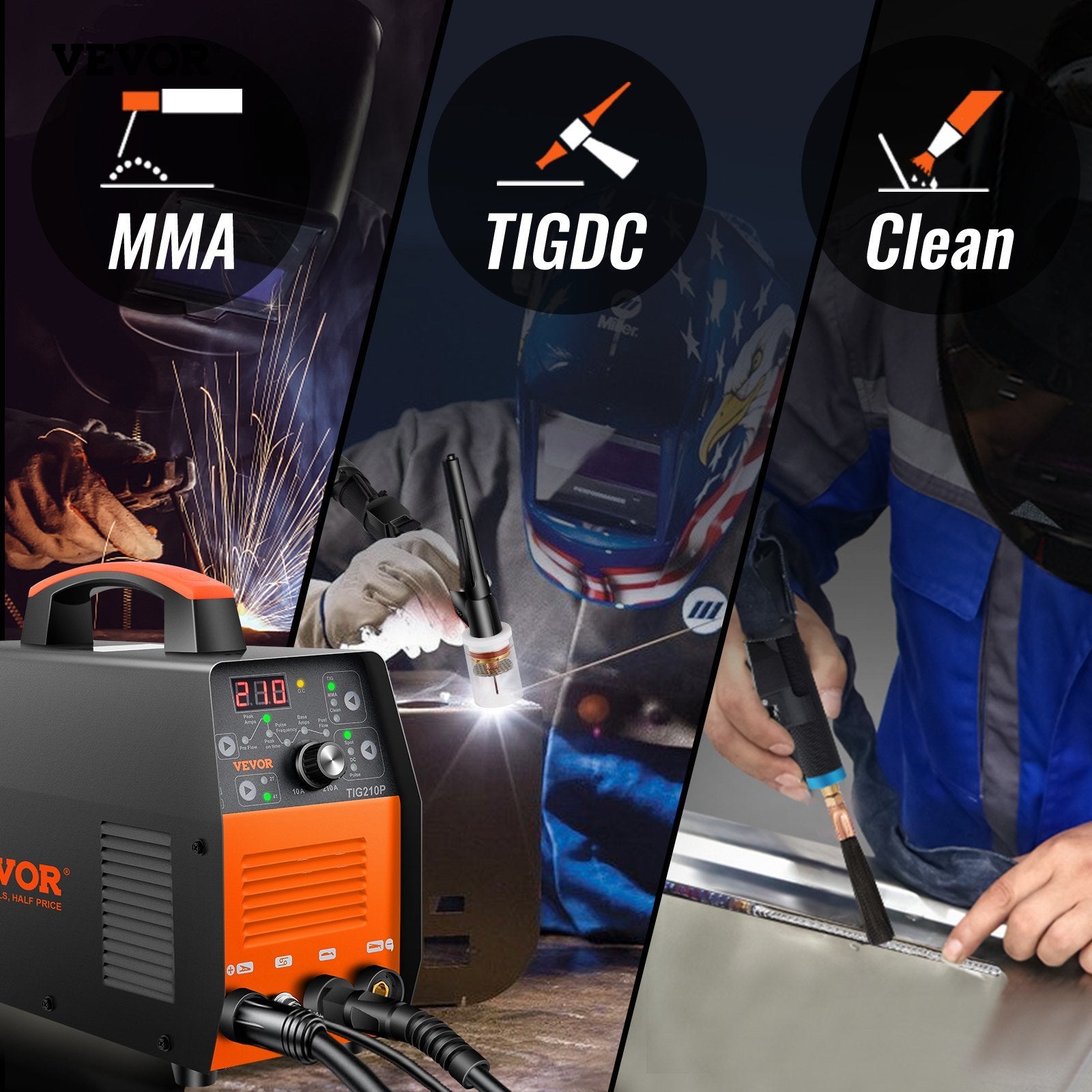 VEVOR 210Amp TIG Welder, Welder TIG 3 in 1, 110/220V Dual Voltage HF TIG/Stick/Clean Welding Machine w/Pulse, IGBT Inverter & Torch, Digital Arc Welde