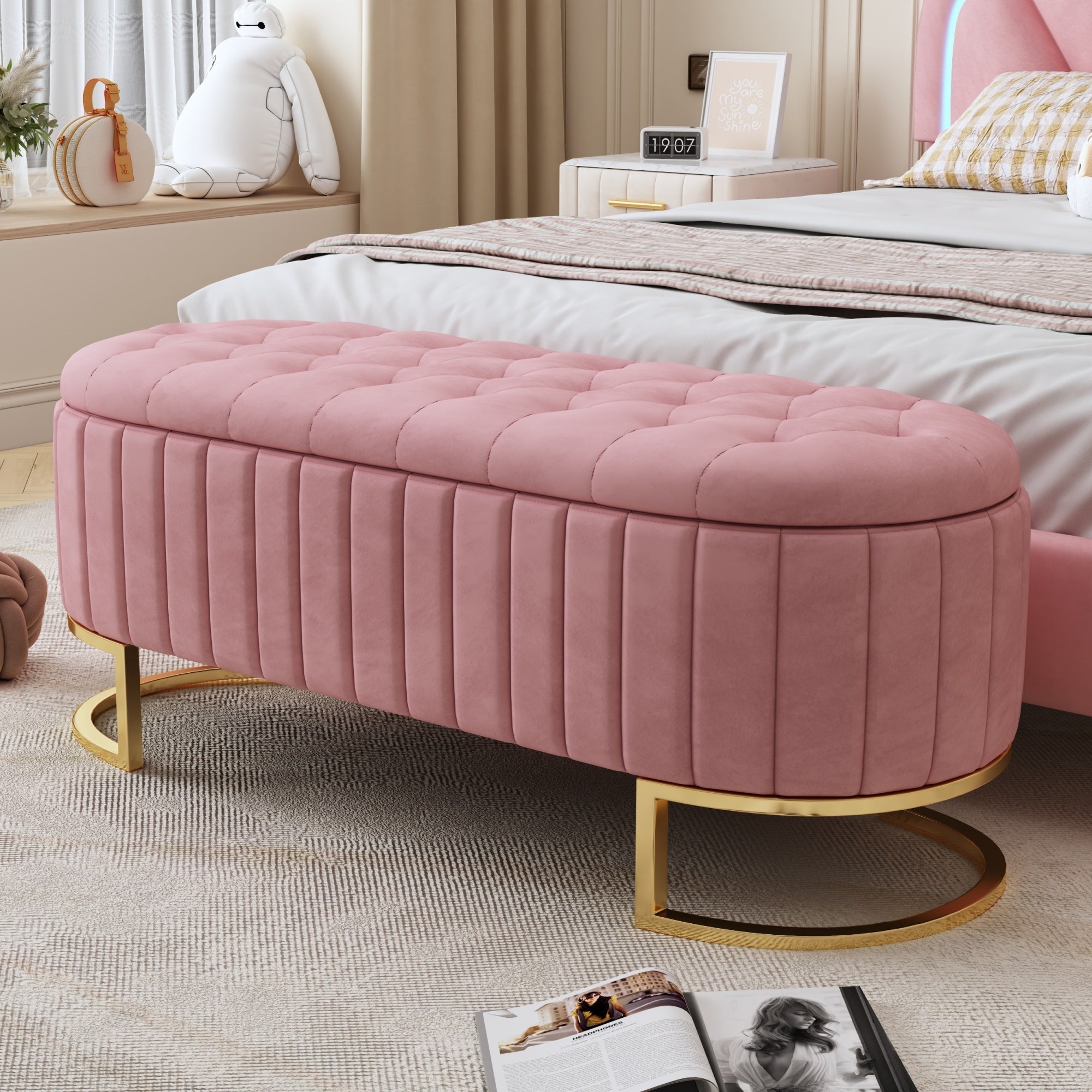 Elegant Upholstered Velvet Storage Ottoman with Button-Tufted,Storage Bench with Metal Legs for Bedroom,Living Room,Fully Assembled Except Legs