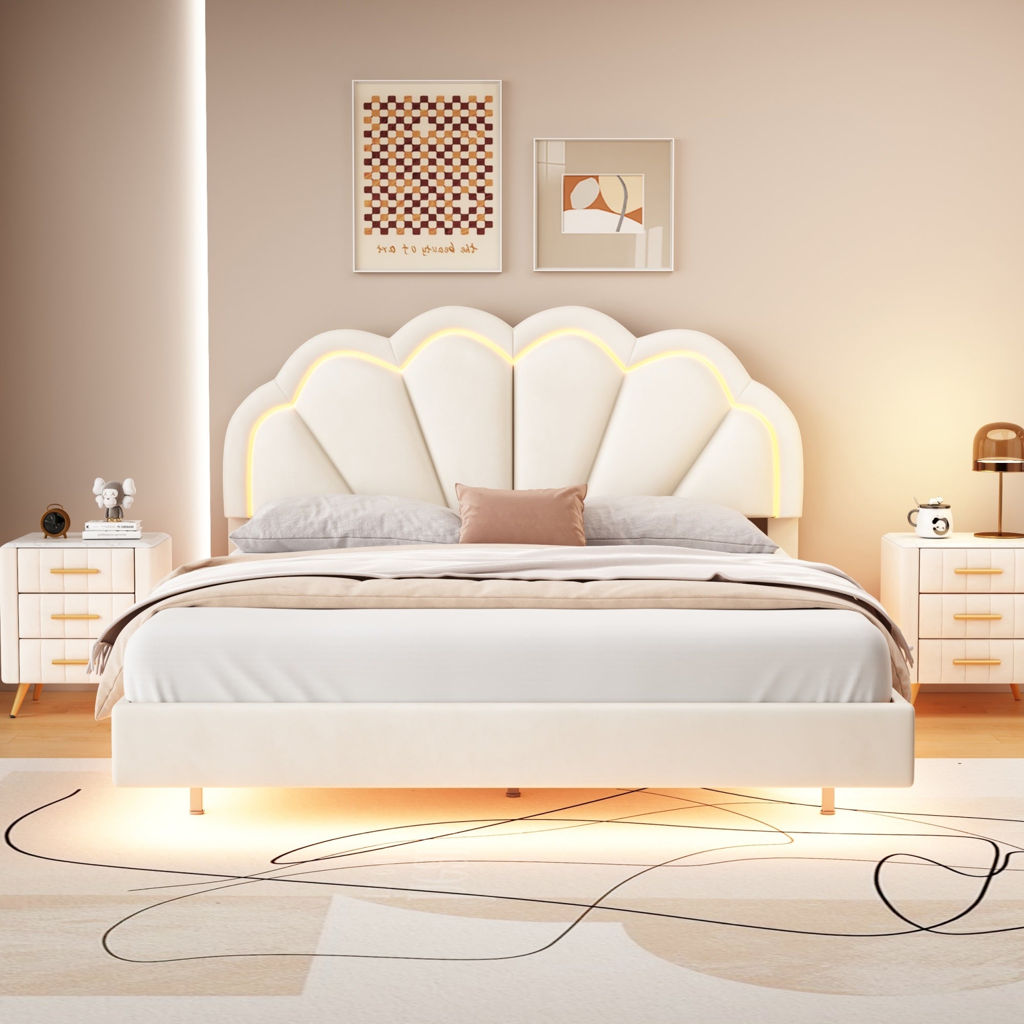 Queen Upholstered Smart LED Bed Frame with Elegant Flowers Headboard,Floating Velvet Platform LED Bed with Wooden Slats Support