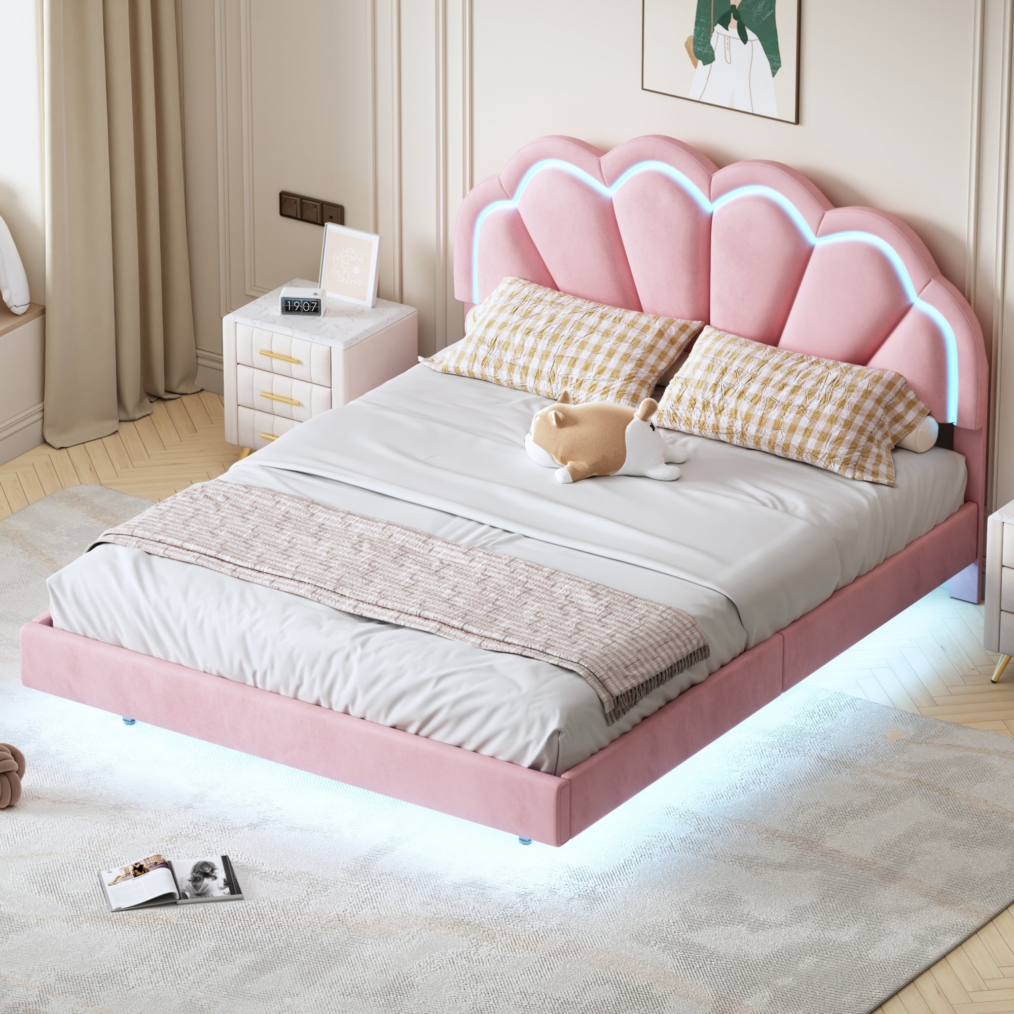 Queen Upholstered Smart LED Bed Frame with Elegant Flowers Headboard,Floating Velvet Platform LED Bed with Wooden Slats Support