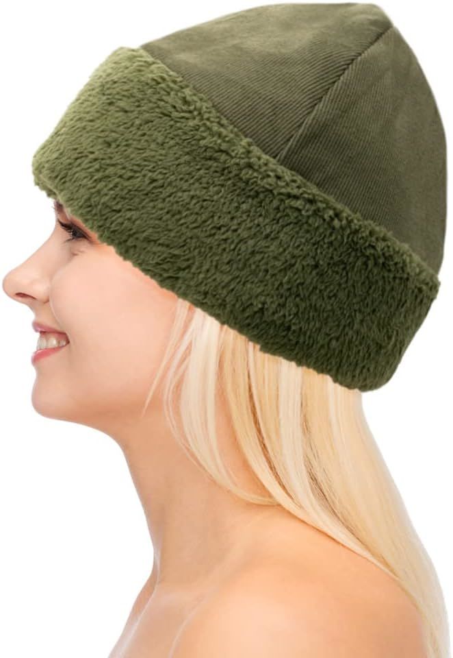 Fuzzy Trimmed & Lined Cable Beanie Women Soft Ribbed Chunky Flecce Lining Hats Girls Winter Warm Cap