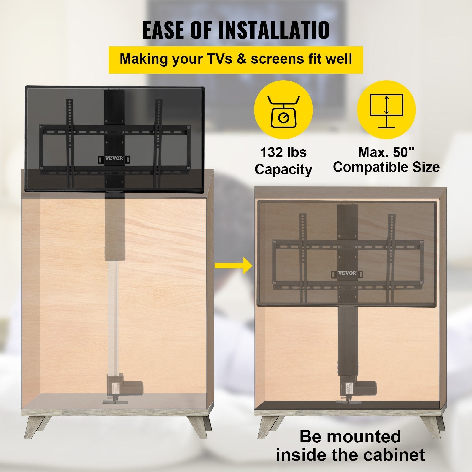 VEVOR Motorized TV Lift Stroke Length 28 Inches Motorized TV Mount Fit for Max.50 Inch TV Lift with Remote Control Height Adjustable 38-65 Inch,Load C