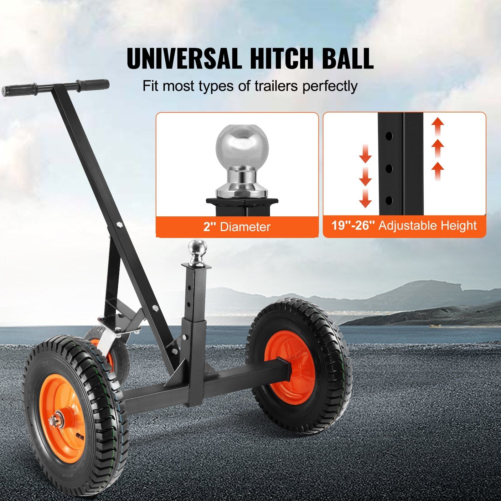VEVOR Adjustable Trailer Dolly, 1000lbs Tongue Weight Capacity, Carbon Steel Trailer Mover with 19''-26'' Adjustable Height & 2'' Ball, 16'' Pneumatic