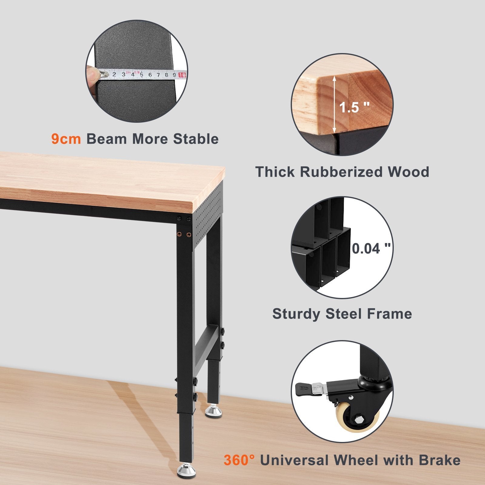 VEVOR Adjustable Workbench, 72" L X 25" W Garage Worktable with Universal Wheels, 28-39.5" Heights & 3000 LBS Load Capacity, with Power Outlets & Hard