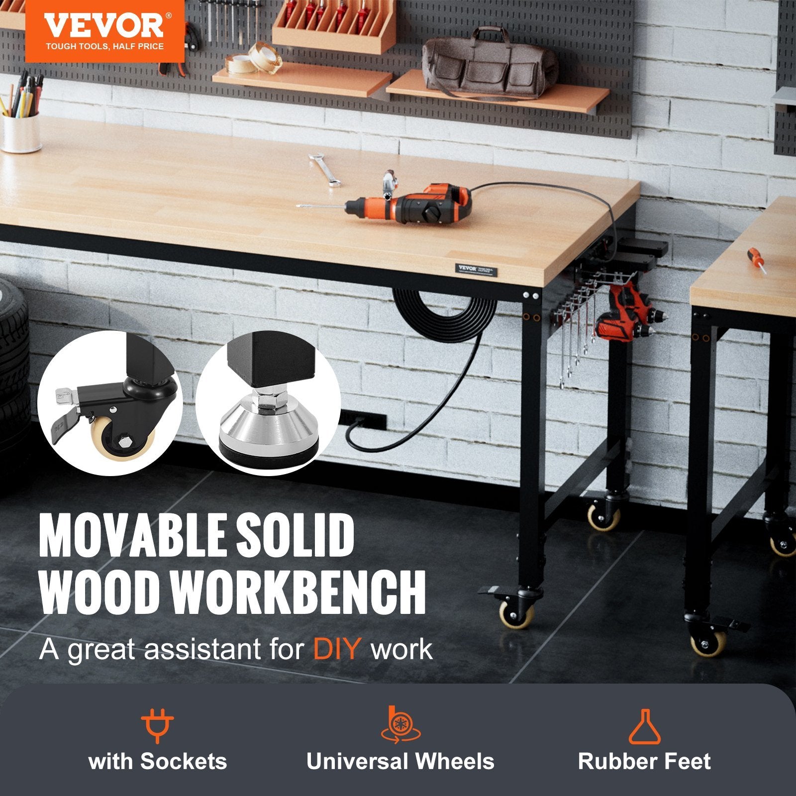 VEVOR Adjustable Workbench, 72" L X 25" W Garage Worktable with Universal Wheels, 28-39.5" Heights & 3000 LBS Load Capacity, with Power Outlets & Hard