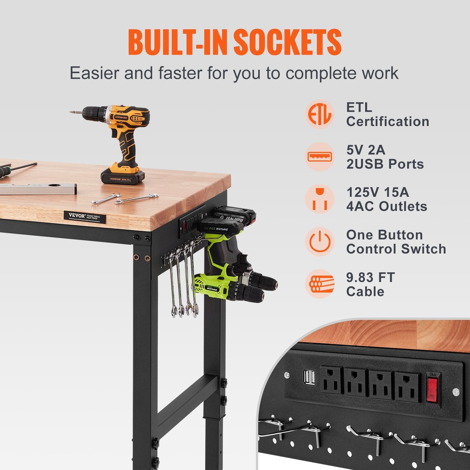 VEVOR Adjustable Workbench, 72" L X 25" W Garage Worktable with Universal Wheels, 28-39.5" Heights & 3000 LBS Load Capacity, with Power Outlets & Hard
