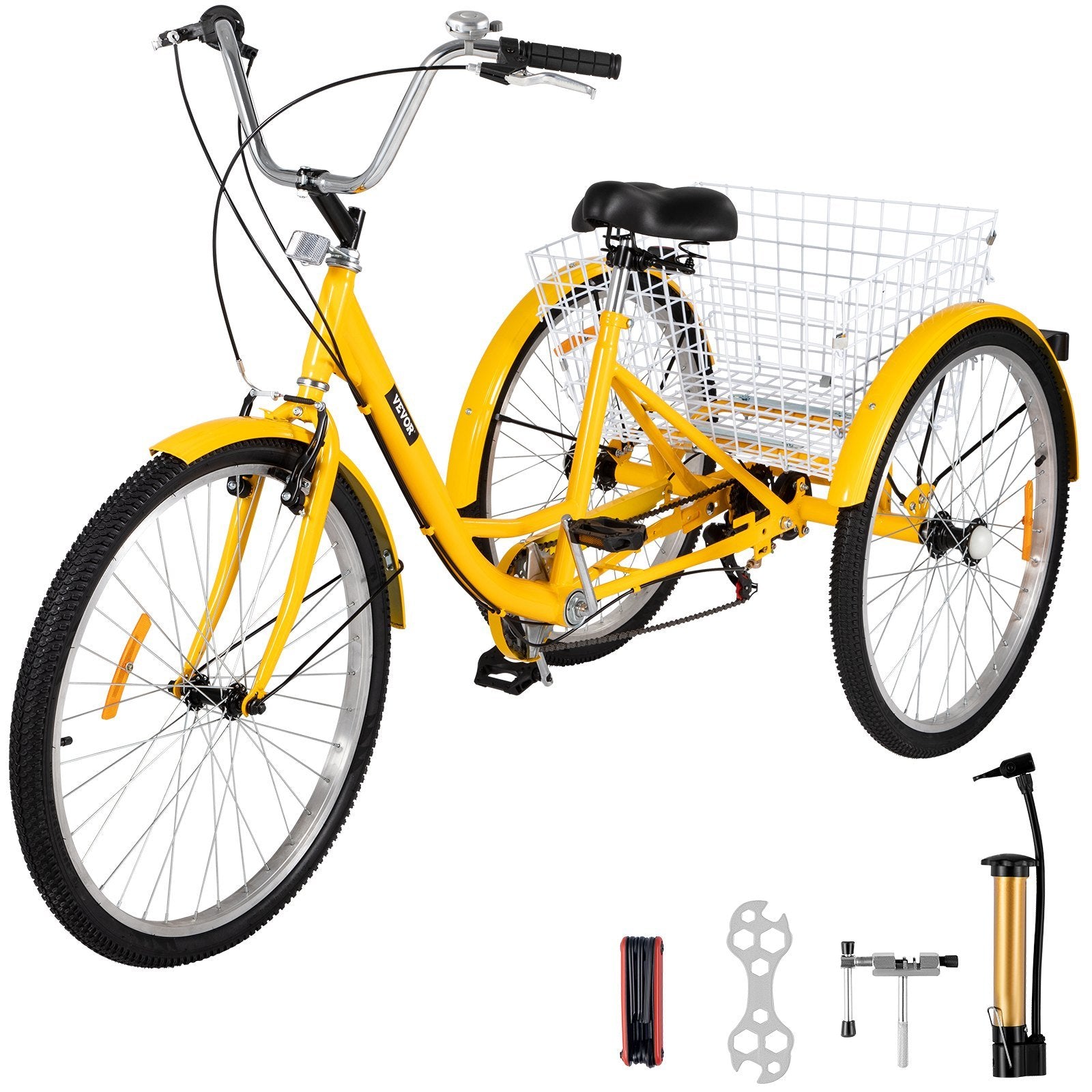 VEVOR Adult Tricycle 7 Speed Wheel Size Cruise Bike 26in Adjustable Trike with Bell, Brake System Cruiser Bicycles Large Size Basket for Shopping (Yellow 26 7 Speed)