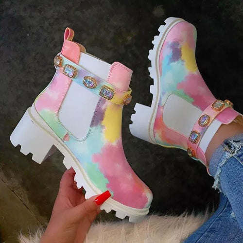 Luxury Ankle Boots Autumn Winter Rhinestone Rainbow Short Boots Women