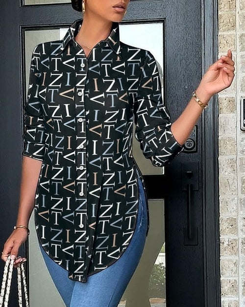 Fashion Woman Top 2023 Y2k Clothes Geo Pattern Print Slit Buttoned