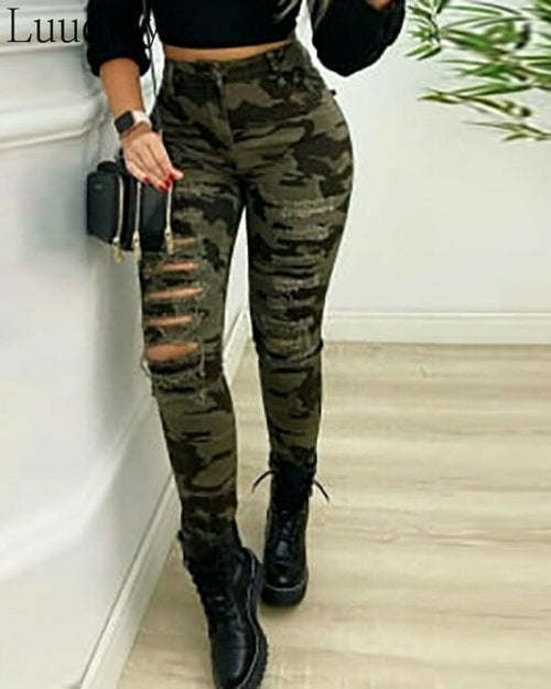 Fashion Camouflage Print Cutout Women's High Waist Pants