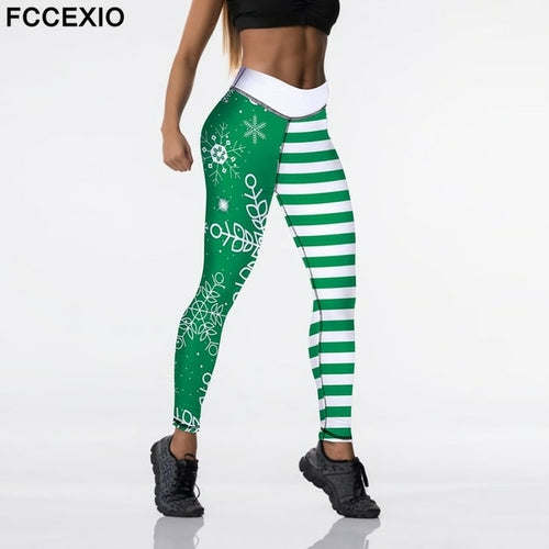 Fccexio Christmas High Waist Elasticity Women Printed Snowflakes Cute