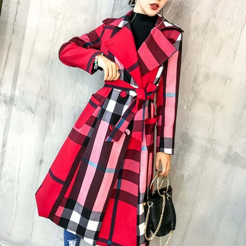 American Women's Autumn And Winter New Plaid Lapel Mid Length