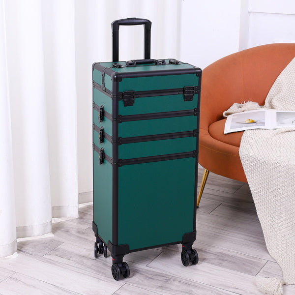 4-in-1 Draw-bar Style Interchangeable Aluminum Rolling Makeup Case-Dark Green