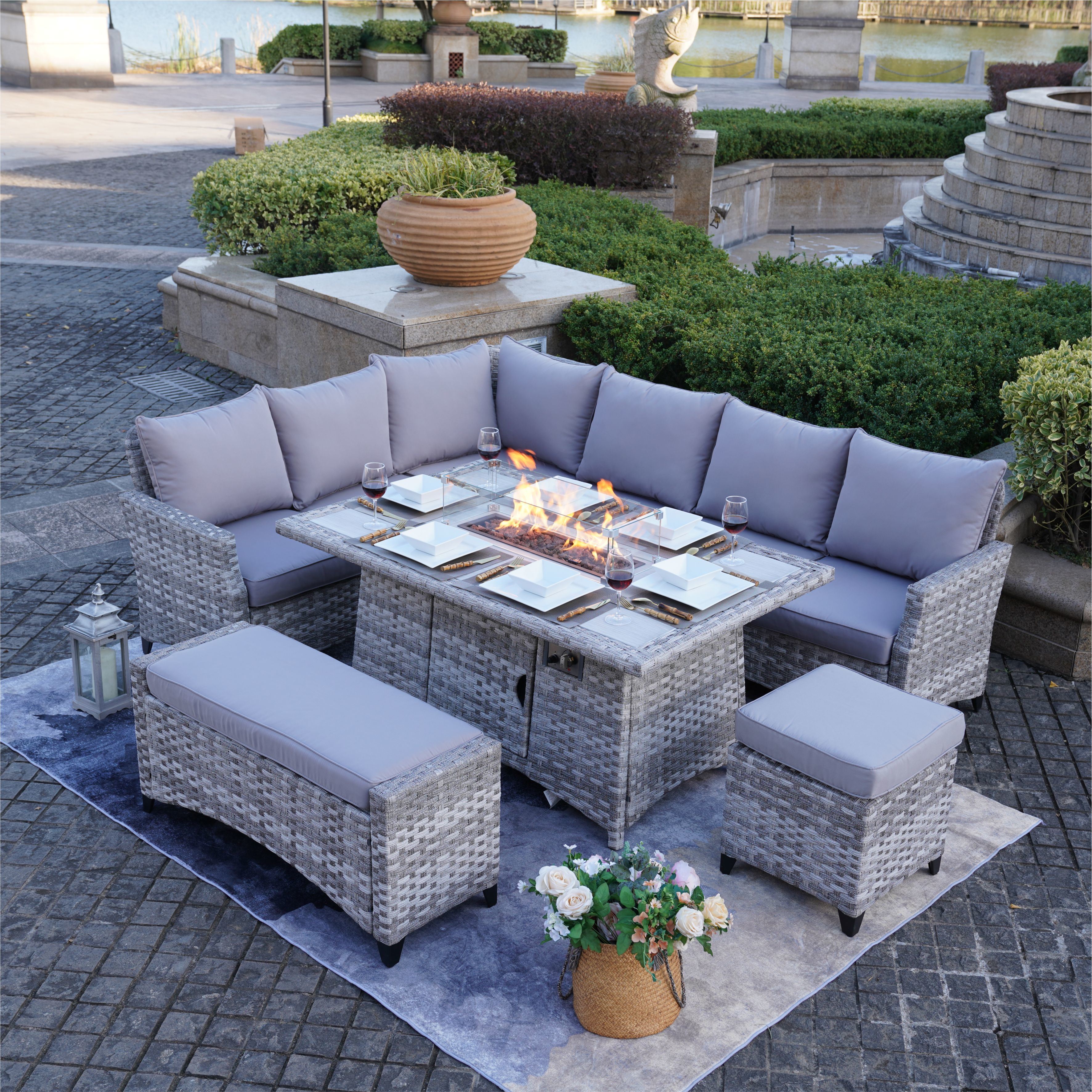 5-Piece Gray Wicker Outdoor Conversational Sofa Set with Fire Pit Table and Ottoman