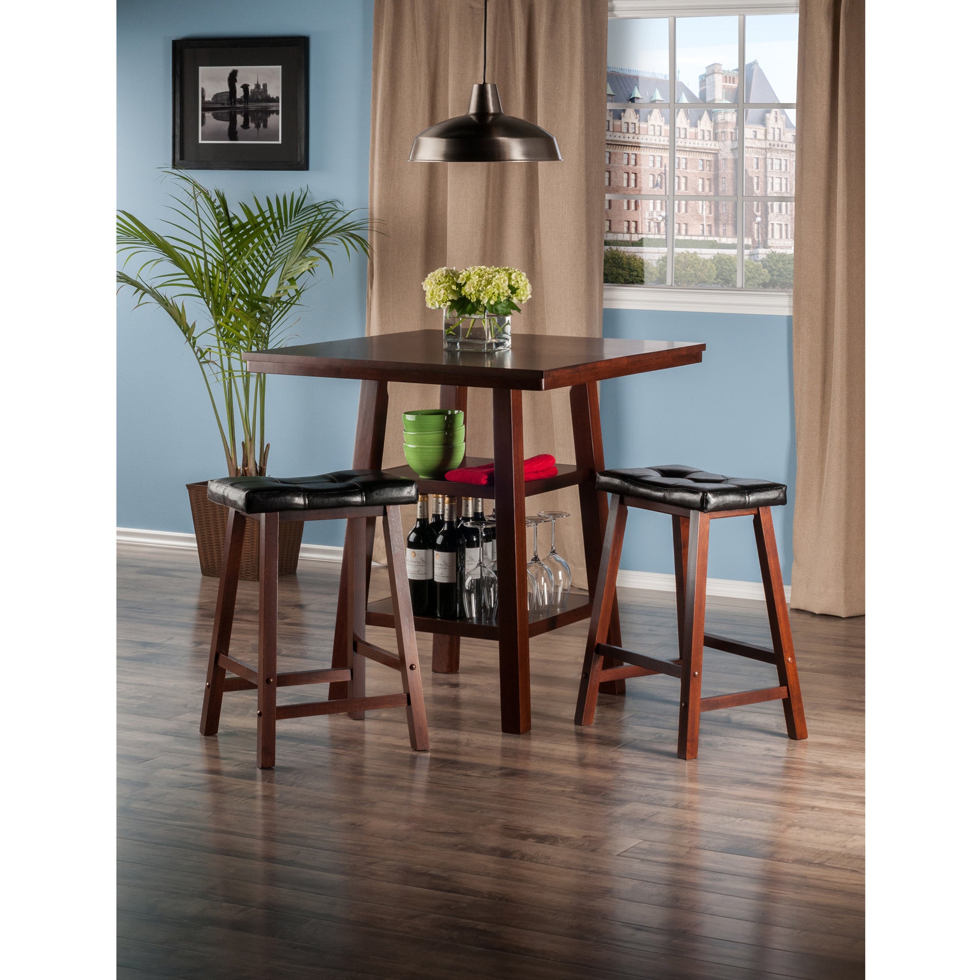 Orlando 3-Pc Set High Table; 2 Shelves w/ 2 Cushion Seat Stools