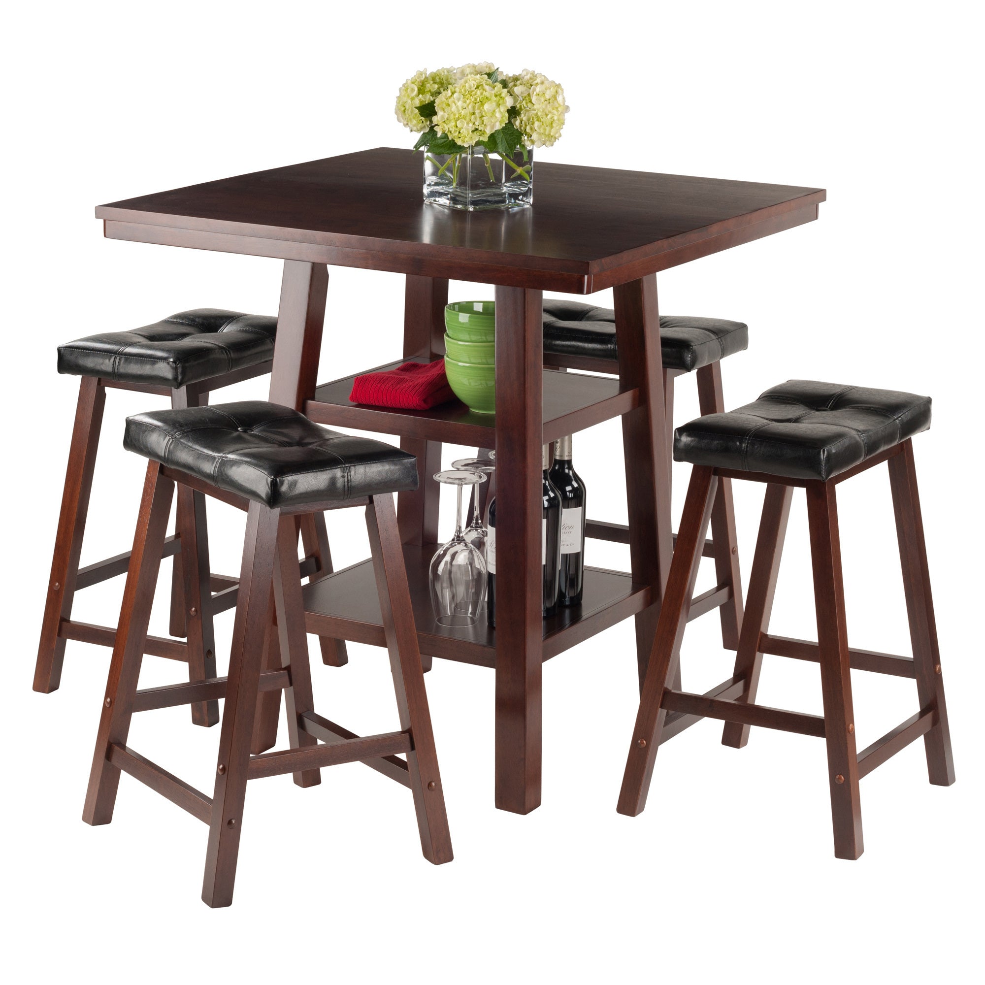 Orlando 3-Pc Set High Table; 2 Shelves w/ 4 Cushion Seat Stools