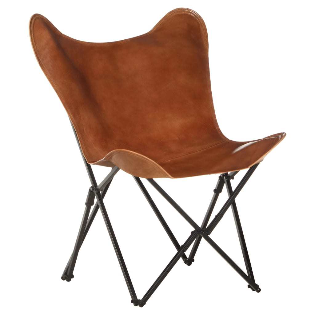 Foldable Butterfly Chair Brown Real Leather