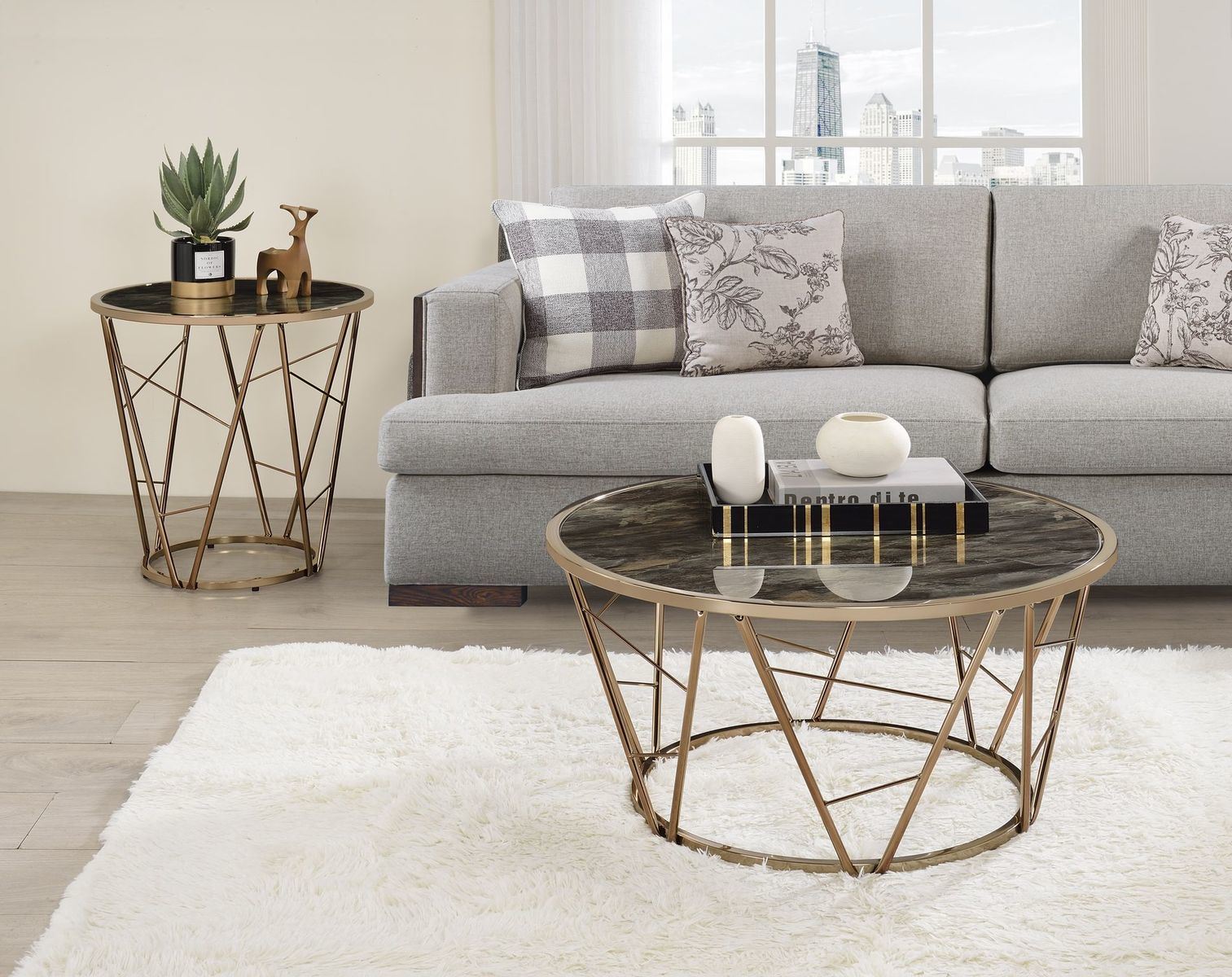 Cicatrix End Table; Faux Black Marble Glass & Champagne Finish YJ