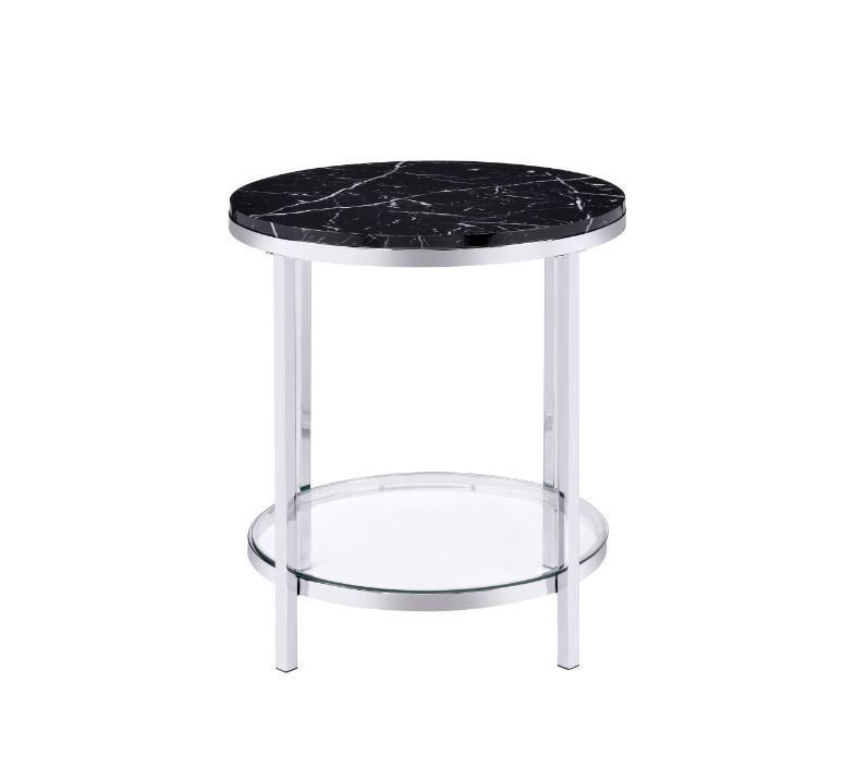 Virlana End Table; Faux Black Marble & Chrome Finish