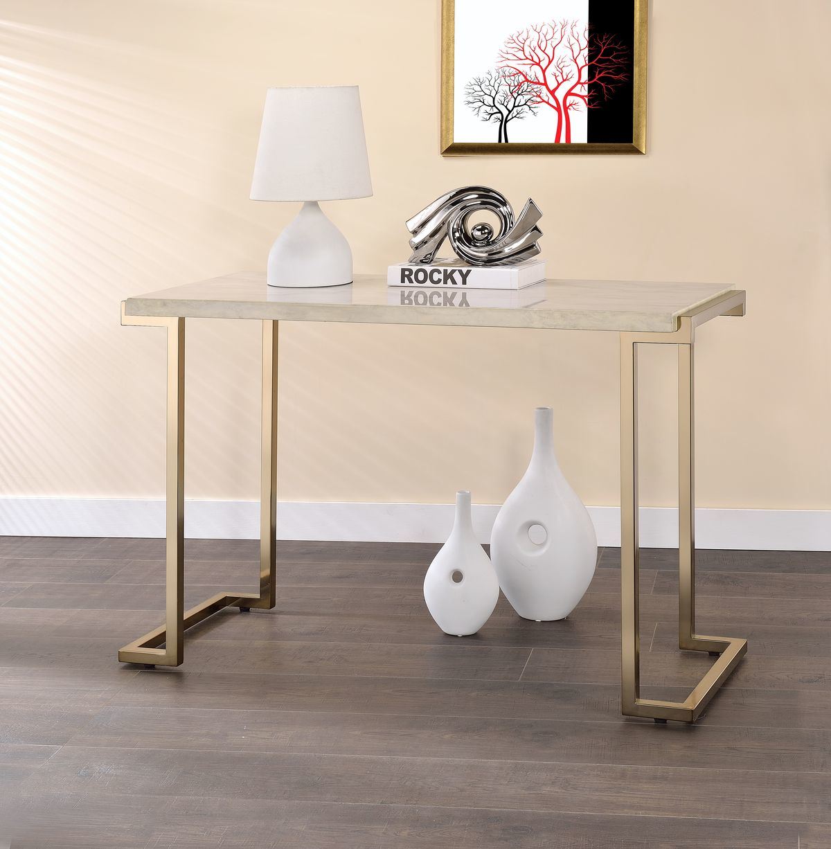 Boice II Sofa Table in Faux Marble & Champagne XH