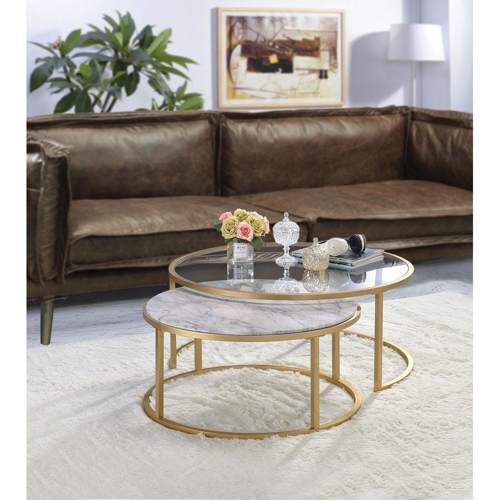 Shanish Nesting Table Set (2Pc Pk) in Faux Marble & Gold