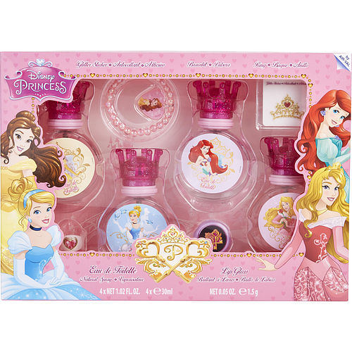 DISNEY PRINCESS by Disney EDT SPRAY 4 X 1 OZ & LIP GLOSS & GLITTER STICKERS & BRACELET & RING