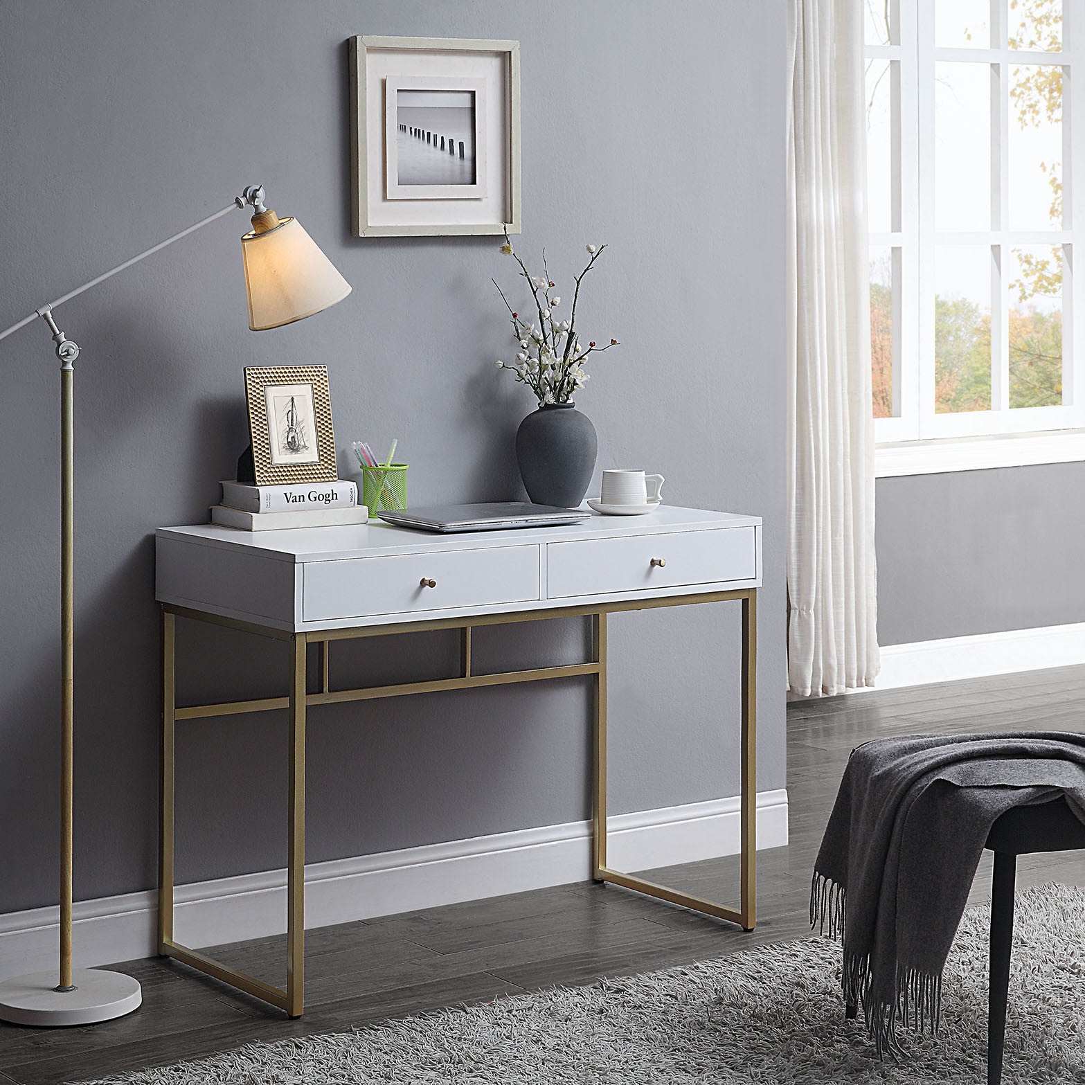 Black / White and Gold Desk;  Wooden Computer Desk with 2 Storage Drawers and Solid Metal Legs;  Simple Study Makeup Vanity Console Table Modern Furniture for Home Office