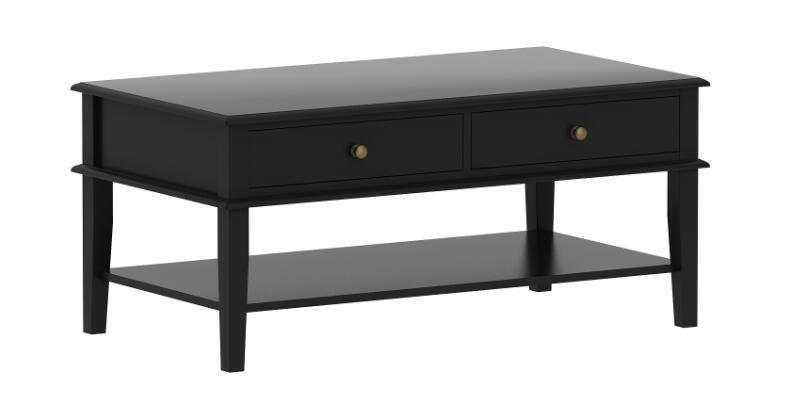 Modern White / Black Coffee Table with Storage Shelf and 2 Drawers for Living Room, Wood Small Coffee Table with Large Storage Space, Easy Assembly, Accent Furniture