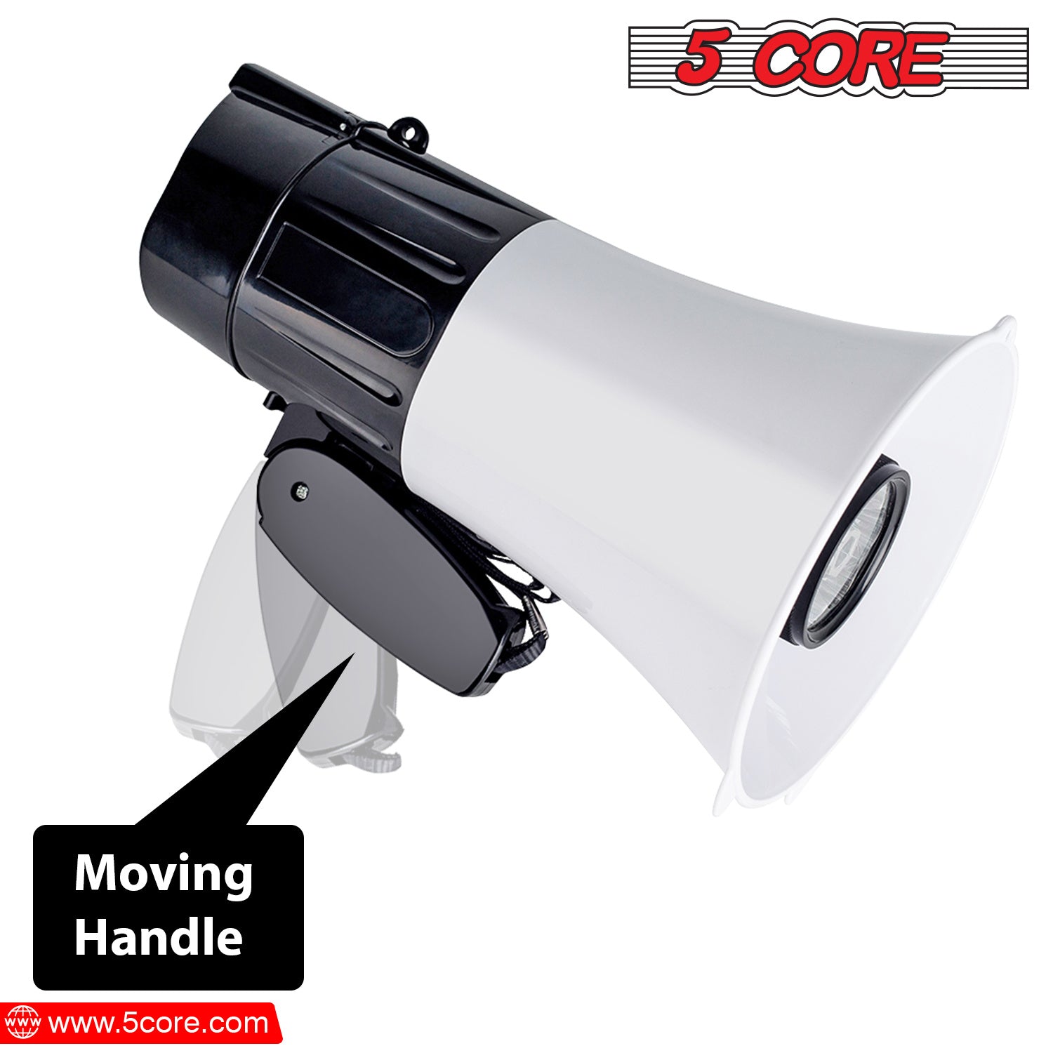 5 CORE Bull Horn Megaphone 30W Peak Loud Siren Noise Maker Professional Bullhorn Speaker w LED Flashlight Recording USB SD Card Adjustable Volume for 