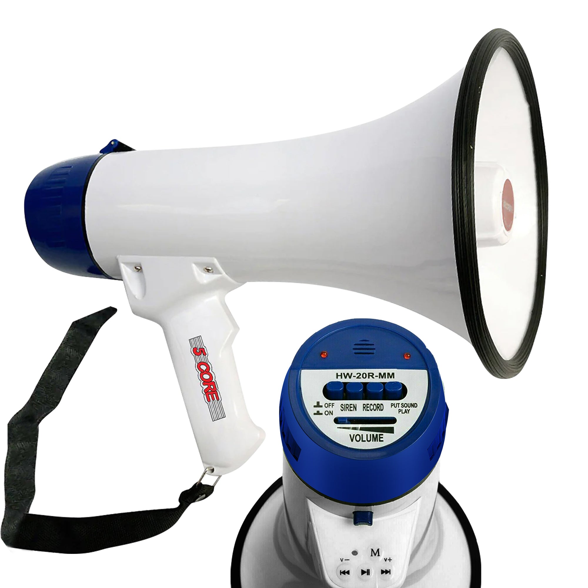 5 Core Megaphone Bull Horn 20W 300M Range Loud Speaker Portable Bullhorn w Recording Volume Control Blow Horn Siren Cheer Noise Maker for Coaches Sporting Event Party Crowd Control 20R WOB