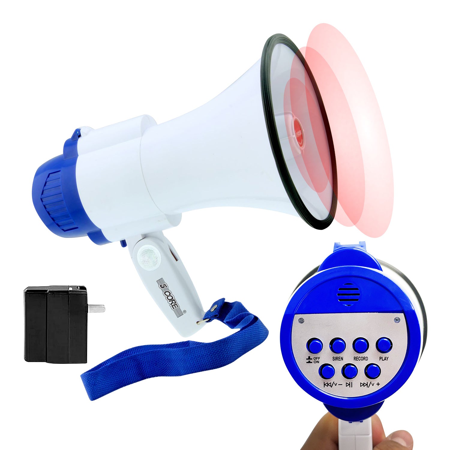 5 CORE Megaphone Bull Horn 30W Loud Speaker 800 Yards Range USB Rechargeable Portable Recording Volume Control Siren Noise Maker for Kids & Adults Che