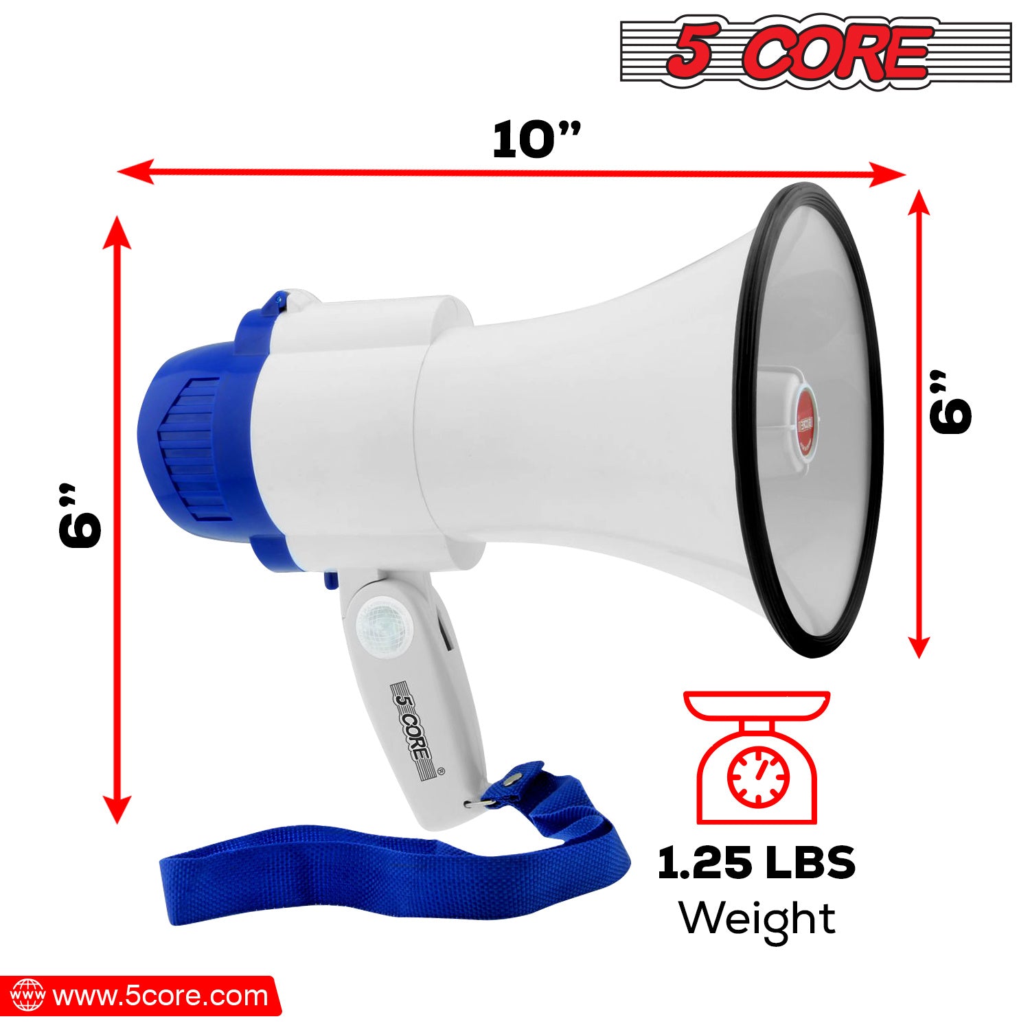 5 CORE Megaphone Bull Horn 30W Loud Speaker 800 Yards Range USB Rechargeable Portable Recording Volume Control Siren Noise Maker for Kids & Adults Che