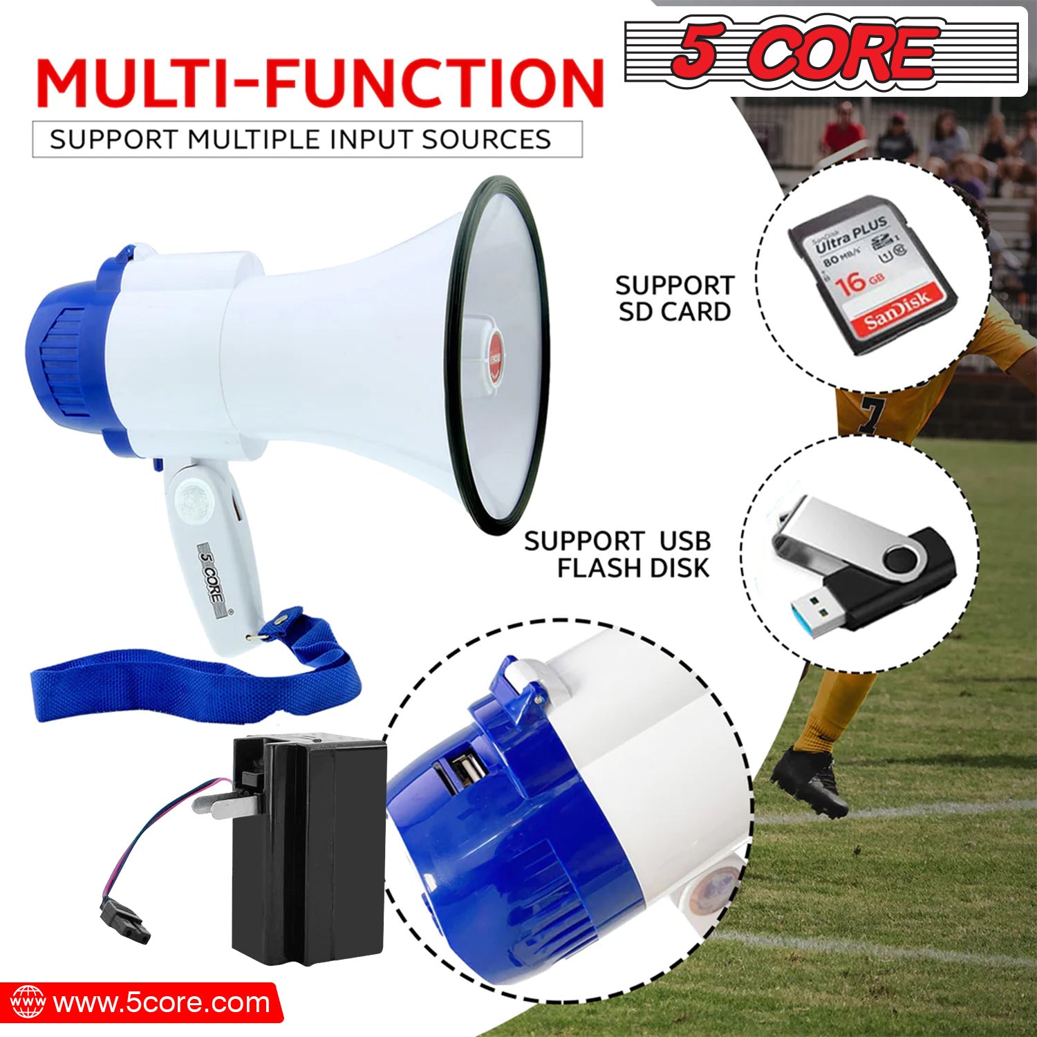 5 CORE Megaphone Bull Horn 30W Loud Speaker 800 Yards Range USB Rechargeable Portable Recording Volume Control Siren Noise Maker for Kids & Adults Che