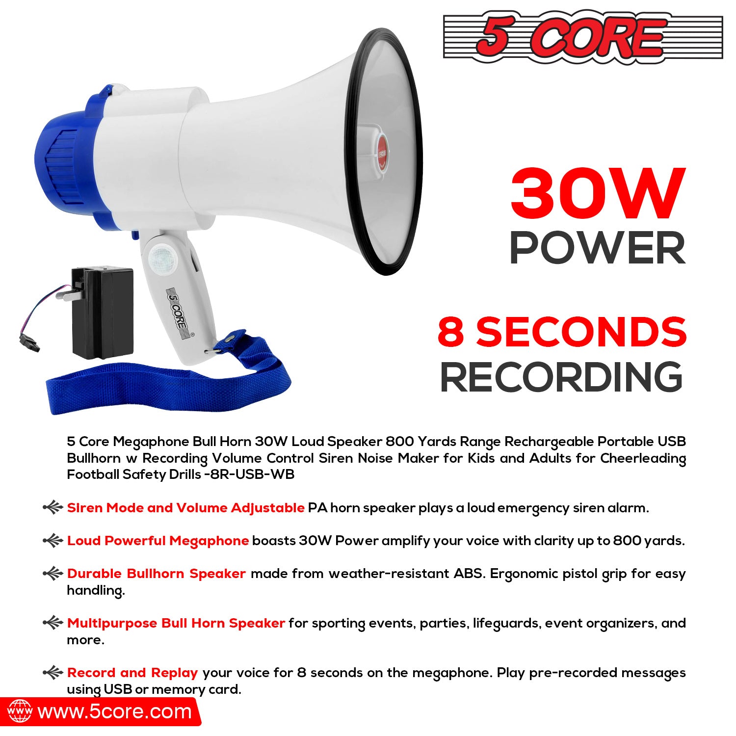 5 CORE Megaphone Bull Horn 30W Loud Speaker 800 Yards Range USB Rechargeable Portable Recording Volume Control Siren Noise Maker for Kids & Adults Che