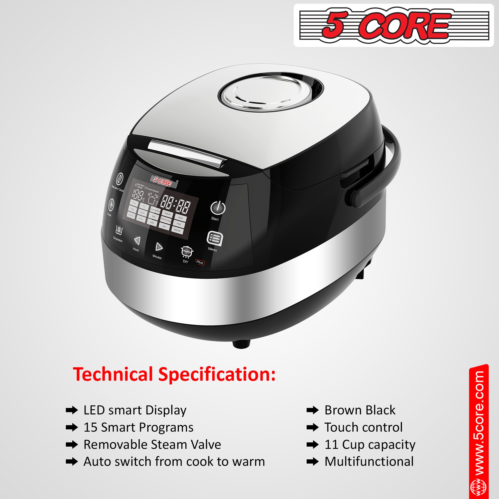 5 Core Asian Rice Cooker • Large Rice Maker • w 15 Preset • Large Touch Screen • Nonstick Inner Pot • 21 Cups Capacity - RC 0502
