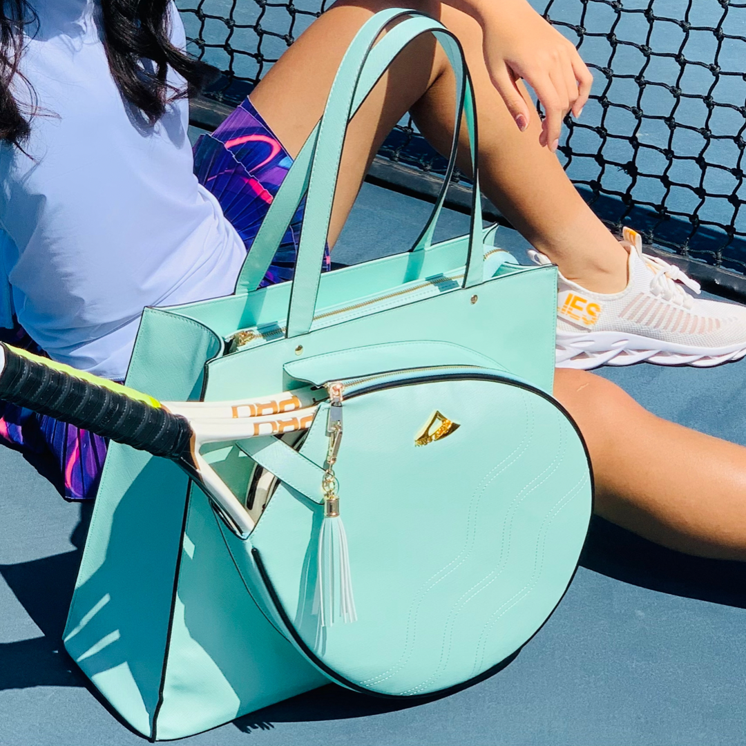 NiceAces MAYA COLLECTION TENNIS TOTE FOR TWO RACQUETS WITH A BEAUTIFUL CLUTCH; BOTTLE; CAN AND KEY HOLDERS