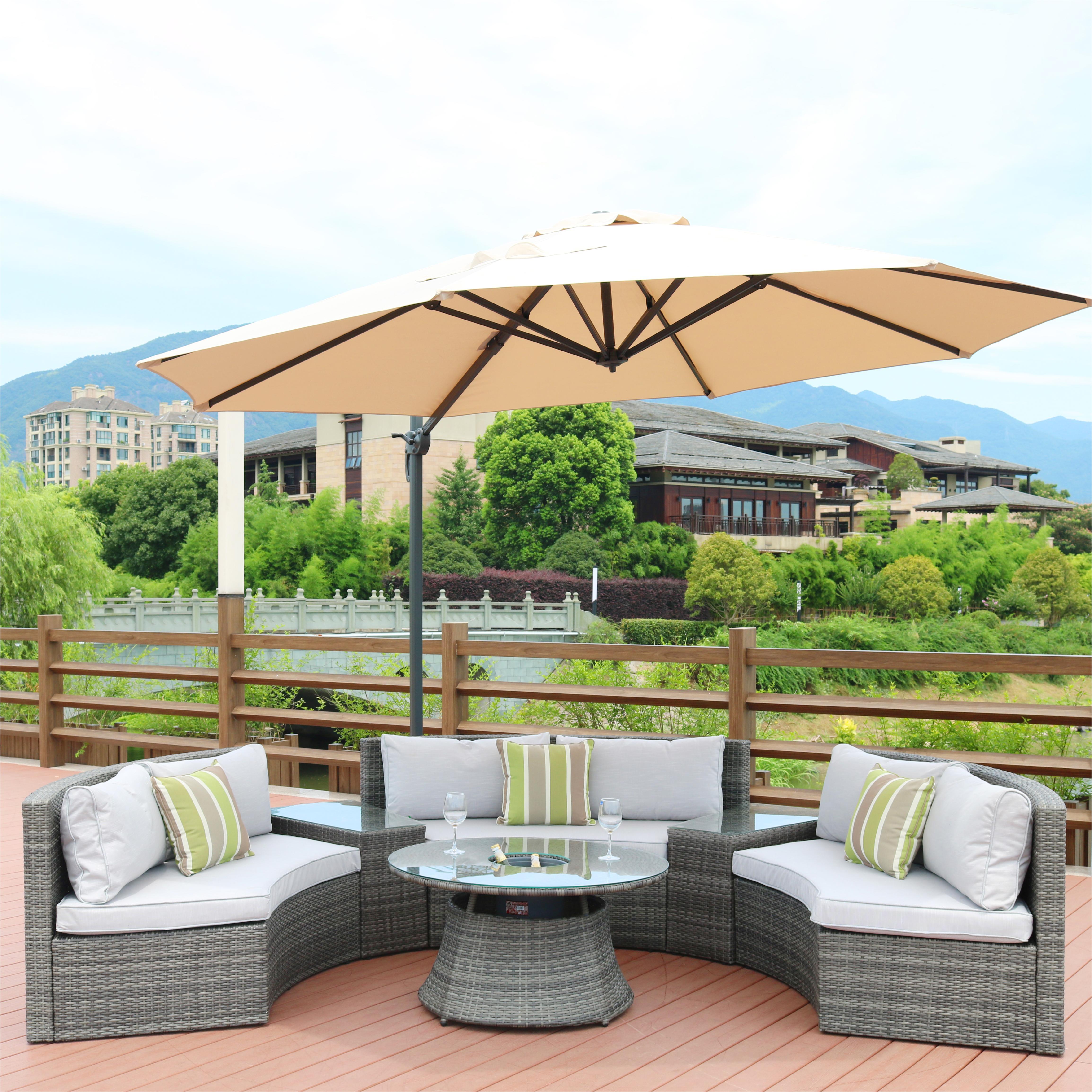 Direct Wicker 6-Piece Outdoor Furniture Half-Moon Wicker Sofa Set with Cushion and Coffee Table