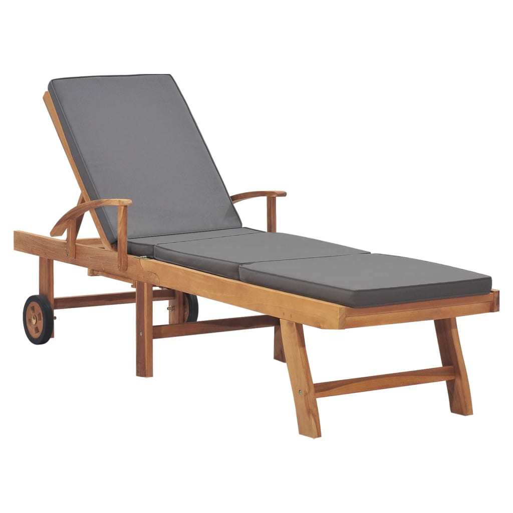 Sun Lounger with Cushion Solid Teak Wood Dark Gray