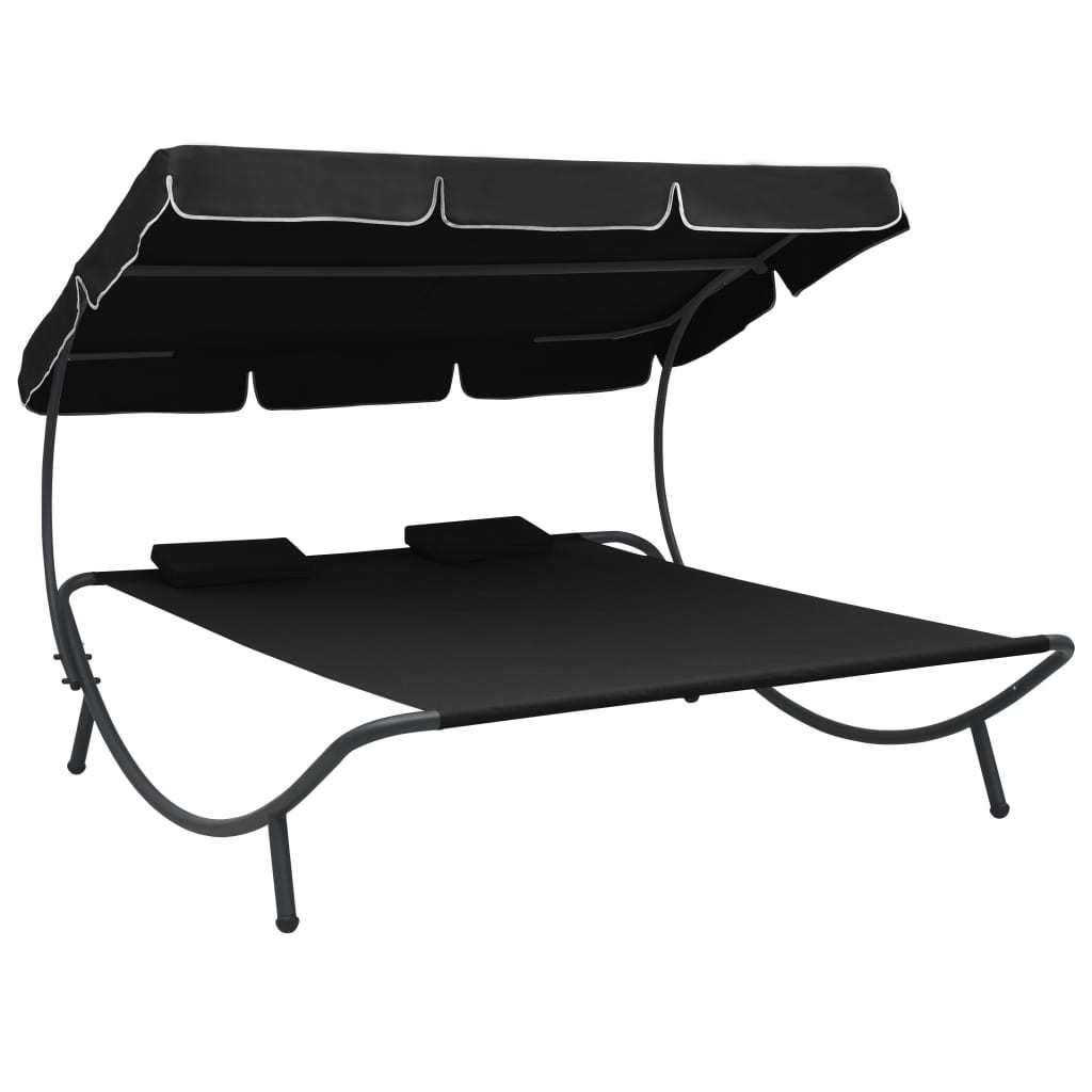 Patio Lounge Bed with Canopy and Pillows Black