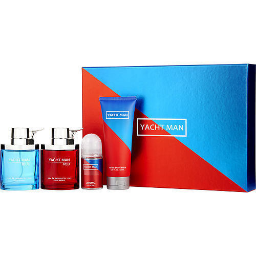 YACHT MAN by Myrurgia BLUE EDT SPRAY 3.4 OZ & RED EDT SPRAY 3.4 OZ & AFTERSHAVE BALM 5 OZ & DEODORANT STICK ROLL ON 1.7 OZ