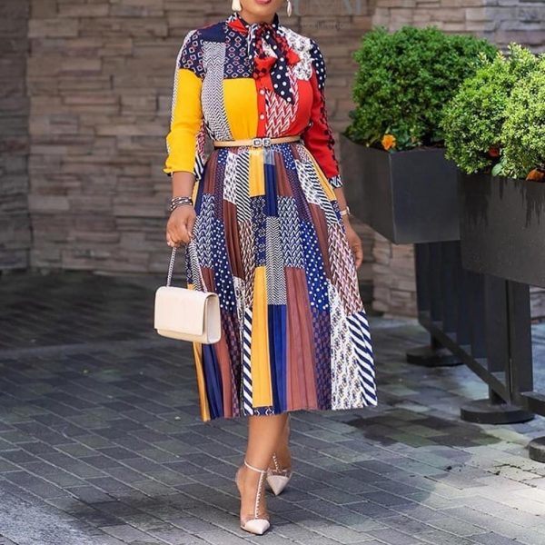 Bow Neck Graphic Pleated Dress
