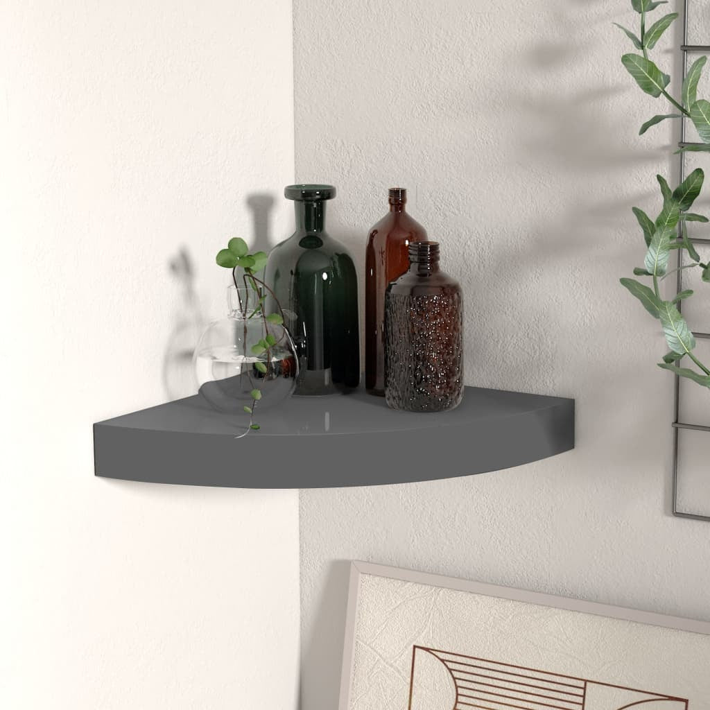 Floating Corner Shelf High Gloss Gray 9.8"x9.8"x1.5" MDF