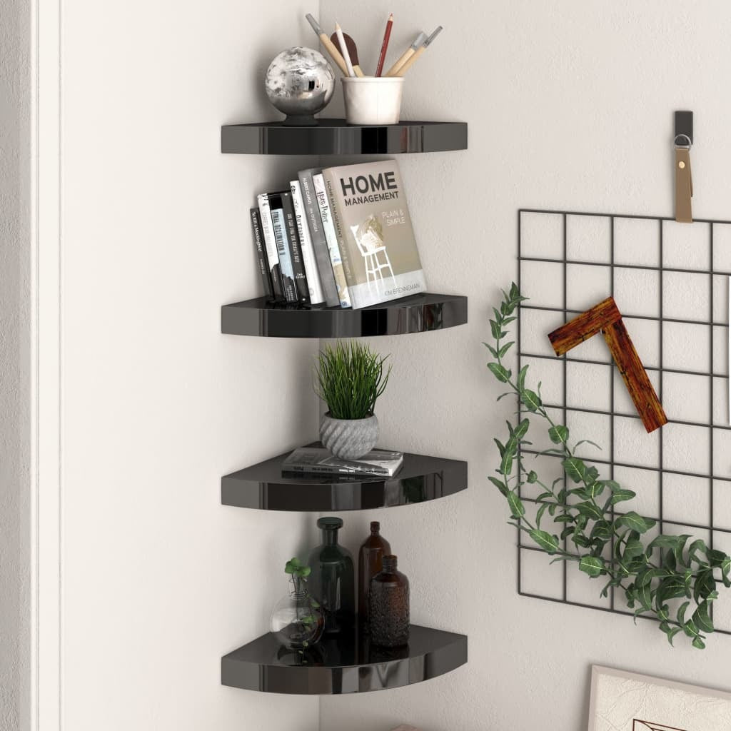 Floating Corner Shelves 4 pcs High Gloss Black 9.8"x9.8"x1.5" MDF