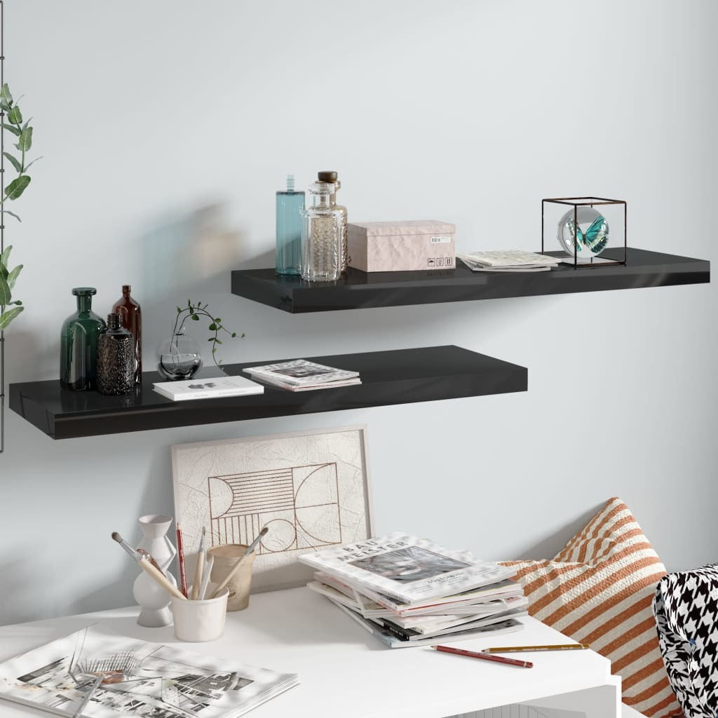 Floating Wall Shelves 2 pcs High Gloss Black 31.5"x9.3"x1.5" MDF