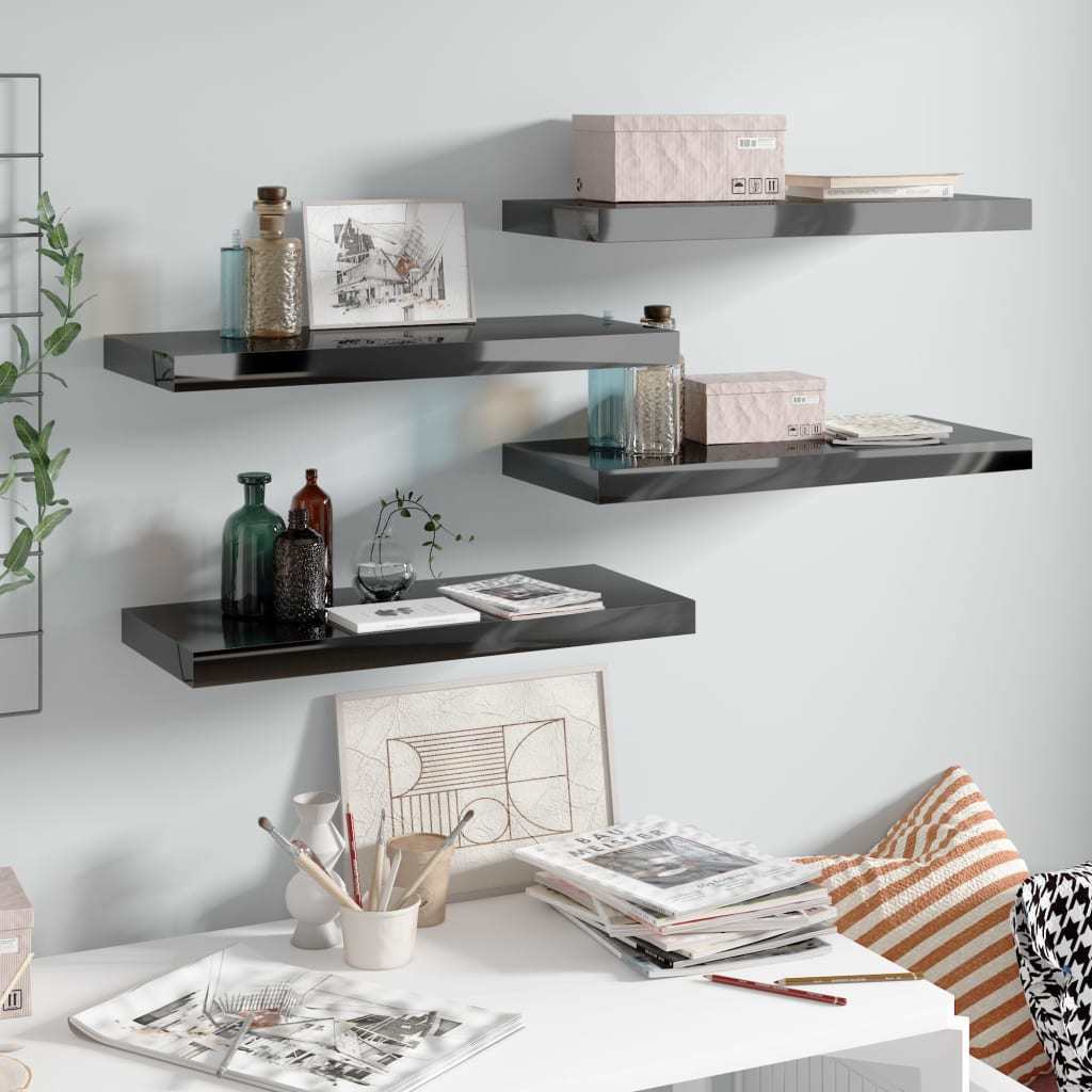 Floating Wall Shelves 4 pcs High Gloss Black 23.6"x9.3"x1.5" MDF